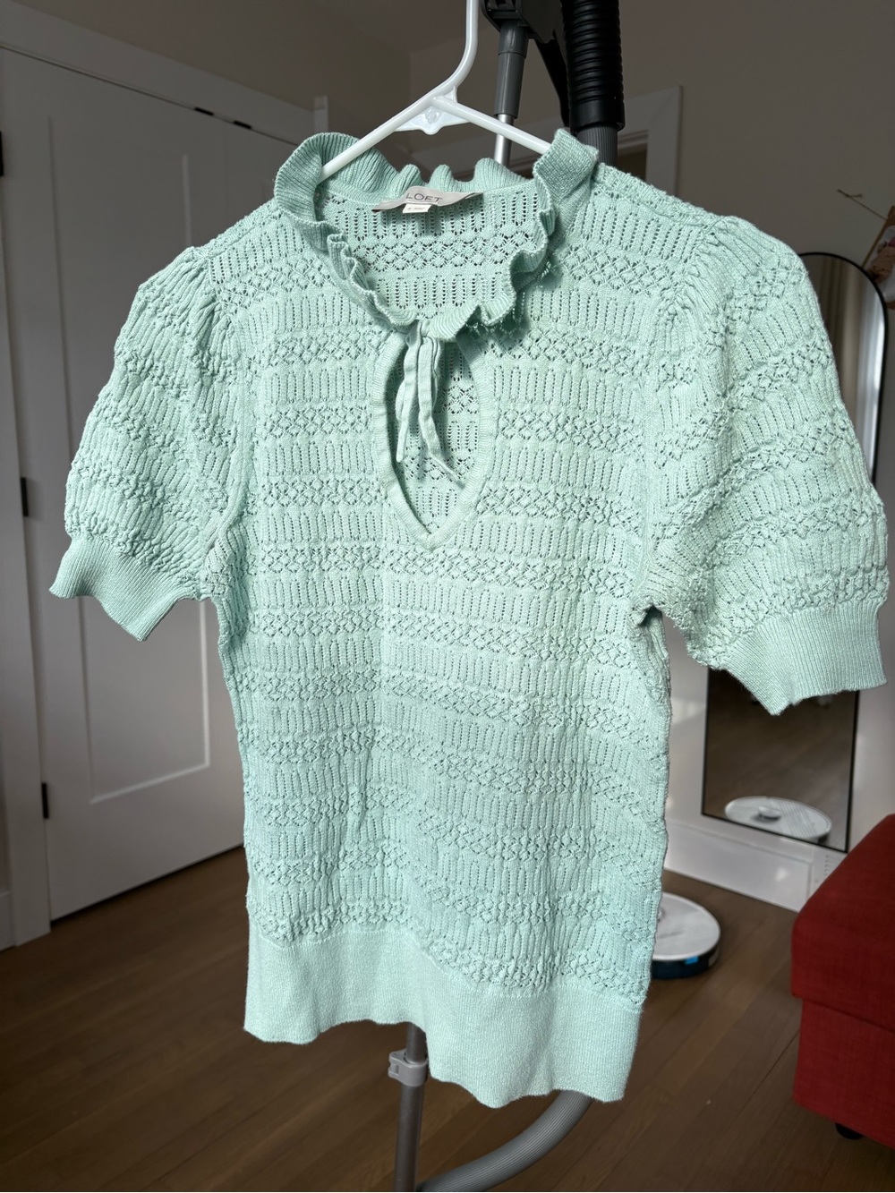 LOFT Light Mint Knit Ruffle Tie-Neck Short Sleeve Top